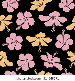 Hibiscus flowers seamless pattern on a black background in beige and pink colors.