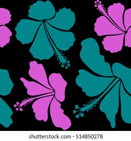 Hibiscus flowers seamless pattern on a black background in blue and violet colors.