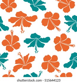 Hibiscus flowers seamless pattern on a white background in blue and orange colors.