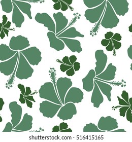 Hibiscus flowers seamless pattern on a white background in green colors.