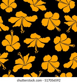 Hibiscus flowers seamless pattern on a black background in yellow colors.