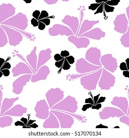 Hibiscus flowers seamless pattern on a white background in black and neutral colors.
