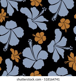Hibiscus flowers seamless pattern on a black background in brown and blue colors.