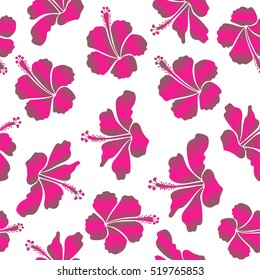 Hibiscus flowers seamless pattern on a white background in magenta and pink colors.