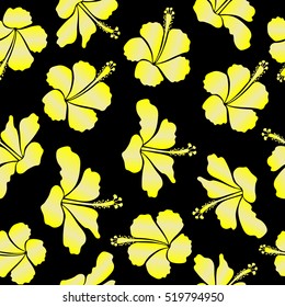 Hibiscus flowers seamless pattern on a black background in beige and yellow colors.