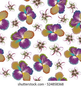 Hibiscus flowers seamless pattern on a white background in blue, green and neutral colors.