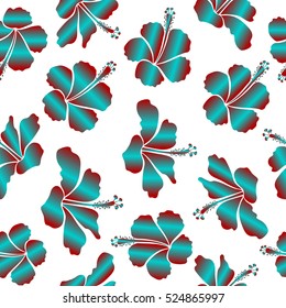 Hibiscus flowers seamless pattern on a white background in red and blue colors.