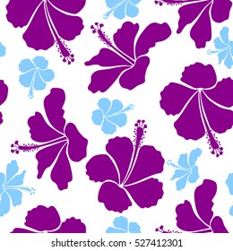 Hibiscus flowers seamless pattern on a white background in blue and purple colors.