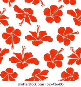 Hibiscus flowers seamless pattern on a white background in orange and red colors.