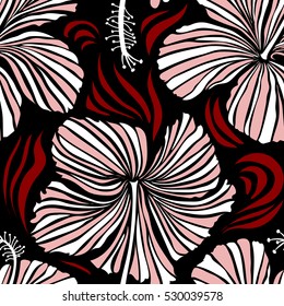 Hibiscus flowers seamless pattern on a black background in pink and white colors.