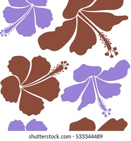 Hibiscus flowers seamless pattern on a white background in brown and violet colors.