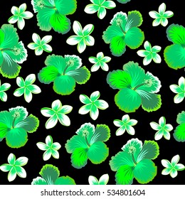 Hibiscus flowers seamless pattern on a black background in white, green and neutral colors.