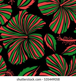 Hibiscus flowers seamless pattern on a black background in pink and green colors.