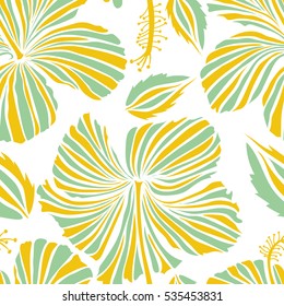 Hibiscus flowers seamless pattern on a white background in neutral and white colors.