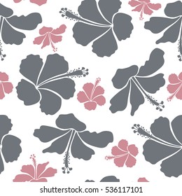 Hibiscus flowers seamless pattern on a white background in gray and pink colors.