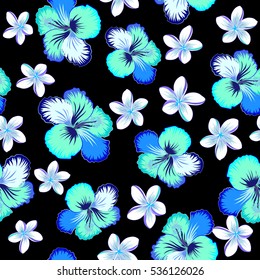 Hibiscus flowers seamless pattern on a black background in neutral, violet and blue colors.