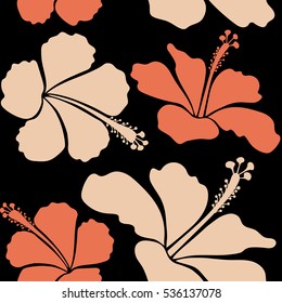 Hibiscus flowers seamless pattern on a black background in beige and orange colors.