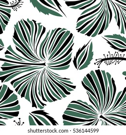 Hibiscus flowers seamless pattern on a white background in green and black colors.