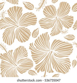 Hibiscus flowers seamless pattern on a white background in beige colors.