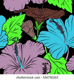 Hibiscus flowers seamless pattern on a black background in green and brown colors.