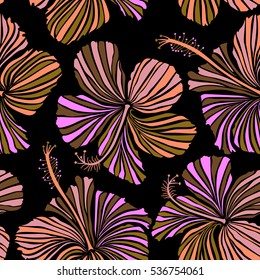 Hibiscus flowers seamless pattern on a black background in pink, brown and orange colors.