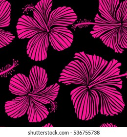 Hibiscus flowers seamless pattern on a black background in magenta colors.