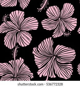 Hibiscus flowers seamless pattern on a black background in neutral colors.