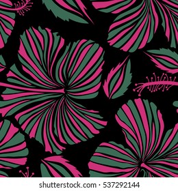 Hibiscus flowers seamless pattern on a black background in pink and green colors.