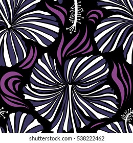 Hibiscus flowers seamless pattern on a black background in violet and white colors.