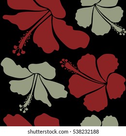 Hibiscus flowers seamless pattern on a black background in red and neutral colors.