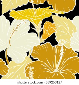 Hibiscus flowers seamless pattern on a black background in yellow and beige colors.