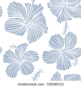 Hibiscus flowers seamless pattern on a white background in blue colors.