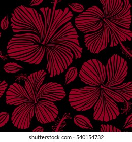 Hibiscus flowers seamless pattern on a black background in red colors.