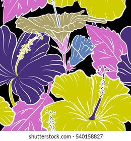 Hibiscus flowers seamless pattern on a black background in pink, yellow and violet colors.