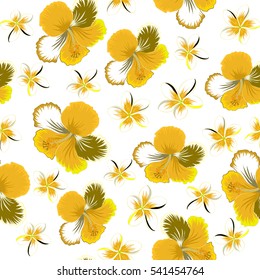 Hibiscus flowers seamless pattern on a white background in yellow, brown and neutral colors.