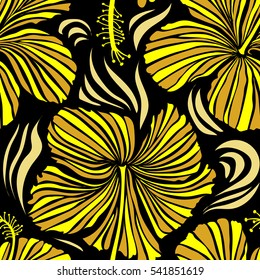 Hibiscus flowers seamless pattern on a black background in yellow colors.