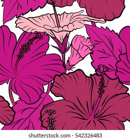 Hibiscus flowers seamless pattern on a white background in pink and magenta colors.