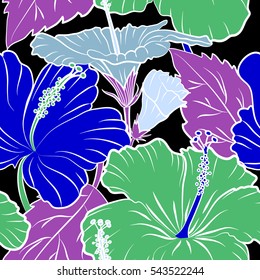 Hibiscus flowers seamless pattern on a black background in blue and violet colors.