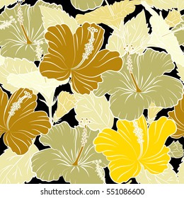 Hibiscus flowers seamless pattern on a black background in beige and yellow colors.