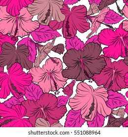 Hibiscus flowers seamless pattern on a white background in pink, magenta and purple colors.