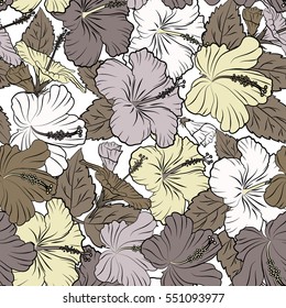 Hibiscus flowers seamless pattern on a white background in beige colors.