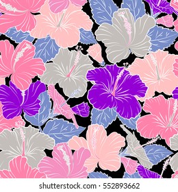 Hibiscus flowers seamless pattern on a black background in pink and violet colors.