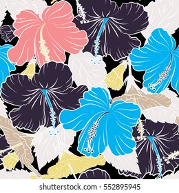 Hibiscus flowers seamless pattern on a black background in violet, pink and yellow colors.