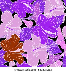 Hibiscus flowers seamless pattern on a black background in pink and violet colors.