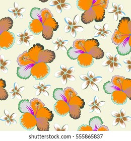 Hibiscus flowers seamless pattern on a neutral background.