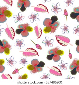 Hibiscus flowers seamless pattern on a white background in pink, blue and neutral colors.