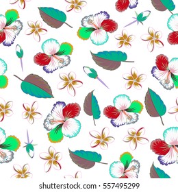 Hibiscus flowers seamless pattern on a white background in pink and green colors.