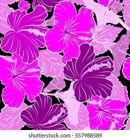 Hibiscus flowers seamless pattern on a black background in violet, purple and magenta colors.