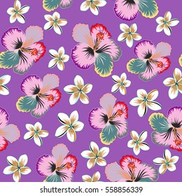 Hibiscus flowers seamless pattern on a violet background.