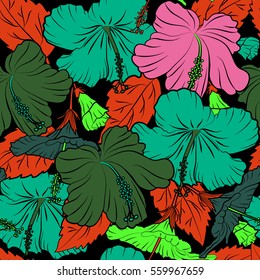 Hibiscus flowers seamless pattern on a black background in orange, green and pink colors.